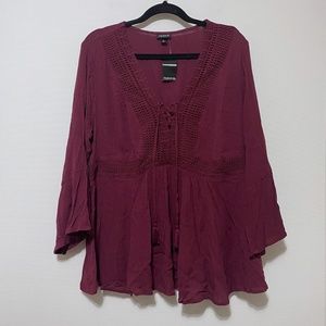 Torrid Lace Up Long Sleeve Lightweight Burgundy Blouse Torrid Size 1 / 1X